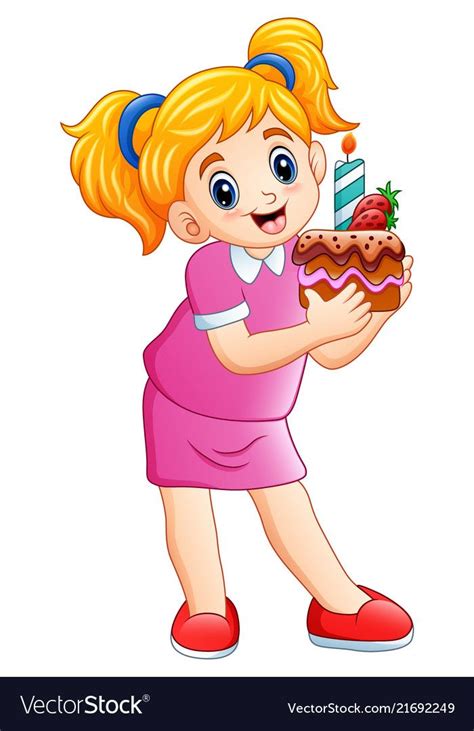 Illustration Of Smiling Little Girl Holding Birthday Cake Isolated On