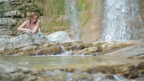 Girl With Bikini Taking A Shower In Waterfall Stock Footage Video Of