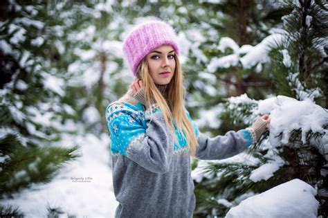 Wallpaper Forest Women Blonde Snow Winter Sweater Spring