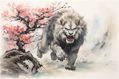 Premium Ai Image Image Of Lion Running With Pink Cherry Blossoms In