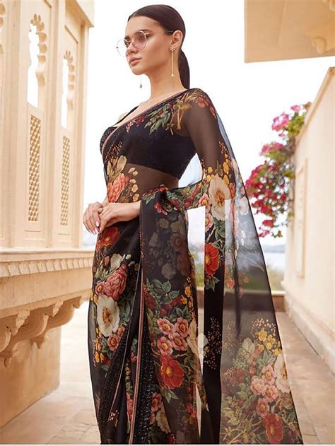 Black Saree In Organza With Floral Print And Embellished With Etsy