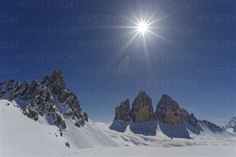 Italy Alto Adige Sexten Dolomites Hochpuster Valley Tre Cime Di Lavaredo Against The Sun