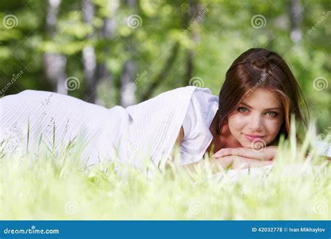 Woman Wake Up On Grass Stock Photo Image Of Lying Female 42032778