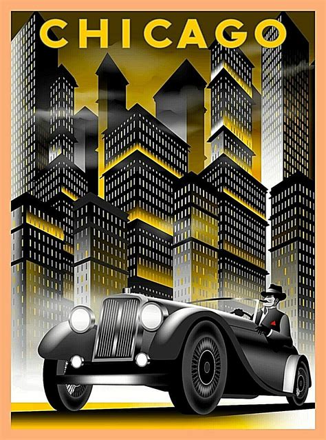 Chicago Illinois Car And Buildings Retro Travel Art Deco Poster Print Ebay