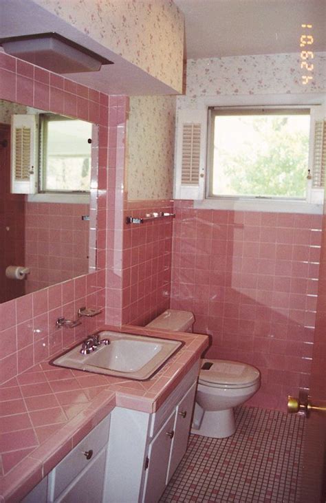 I added a rounded rod for the shower curtain to add more space in our old shower and tub and a nice. Painted Bathroom Tile | Pink bathroom tiles, Retro ...