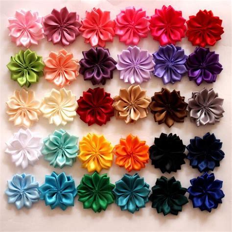 30 pcs mix color satin ribbon fabric flower multilayers flower for headbands diy