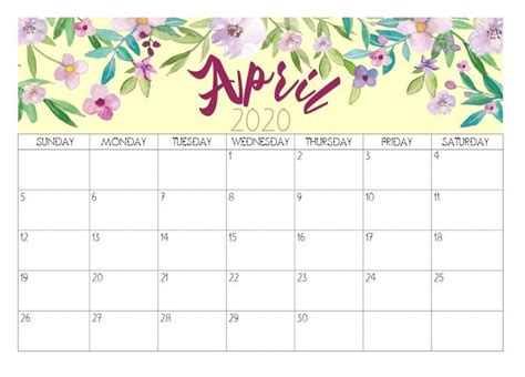 Unique April 2020 Calendar Floral Calendar Monthly Calendar Template