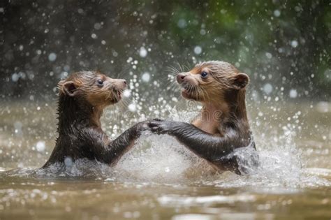 Baby Otters Playing With Each Other In Water Splashing And Wrestling