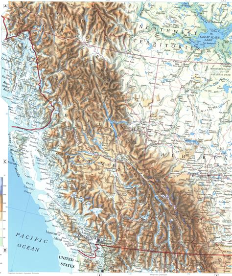 Map of Western Canada with cities and towns, rivers and mountains