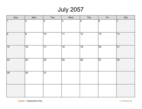 July 2057 Calendar With Weekend Shaded
