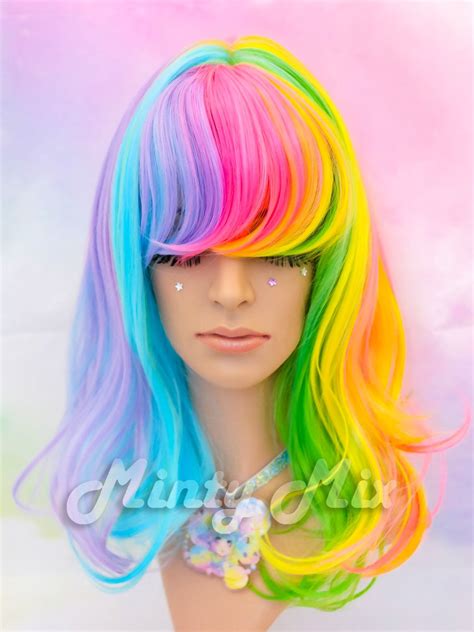 Tropical Rainbow Wig Mid Wavy Mintymix Rainbow Wig Wigs Retro