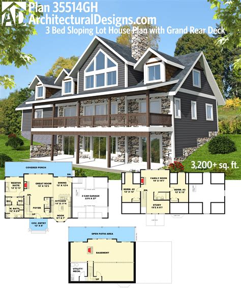 Plan 35514gh 3 Bed Sloping Lot House Plan With Grand Rear Deck Lake