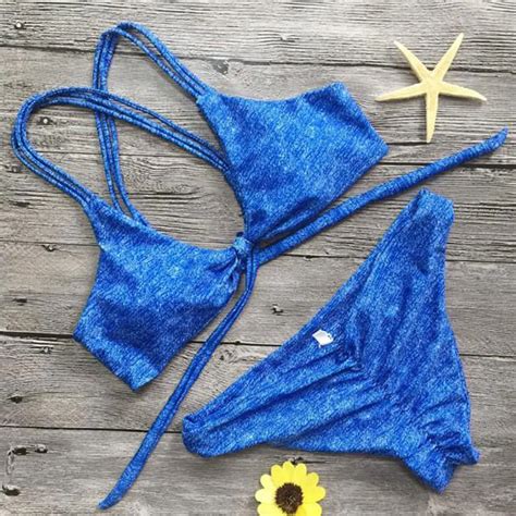 Bikinis Women Blue Bandage Swimsuit 2019 Sexy Push Up Swimwear Low Waist Bathing Suit Halter