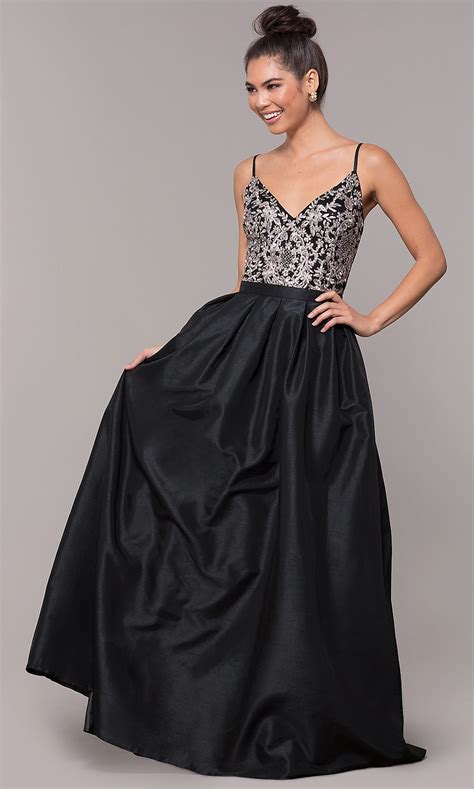 Long Black Taffeta Formal Dress With Embroidery