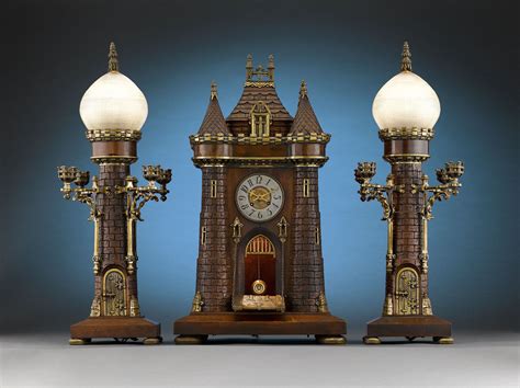 Medieval Castle Clock Garniture 19th Century Часы Светильники