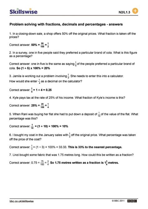 Fraction Problem Solving Worksheets With Answers Example Worksheet