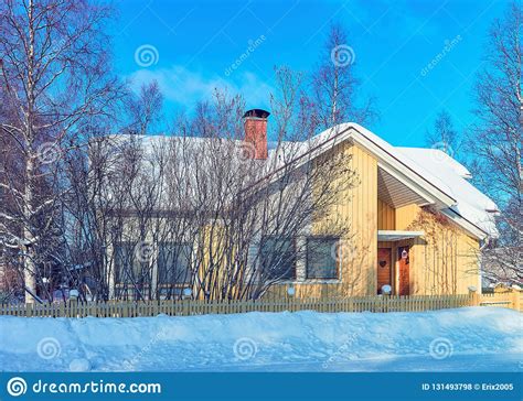 Cottage House At Snow Winter In Finland Lapland At Christmas Stock