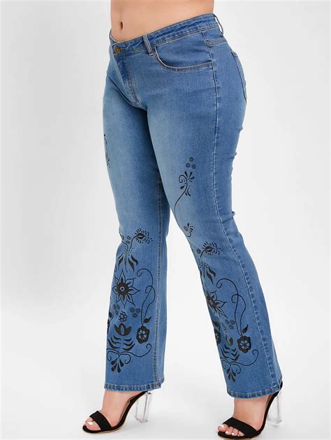 Wipalo Women Plus Size Bootcut Printed Jeans Casual Overlength Mid Waist Denim Pants 2019
