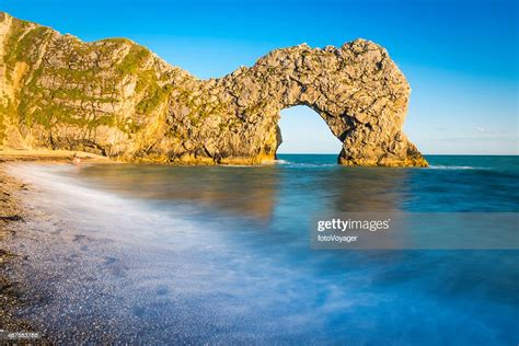 Golden Cliff Arch Blue Ocean Bay Durdle Door Dorset Uk High Res Stock