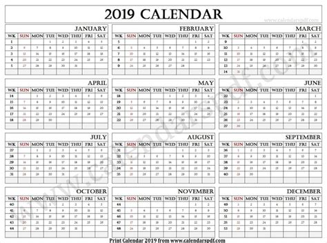 2019 Calendar With Weeks Printable Yearly Calendar 2019 Calendar