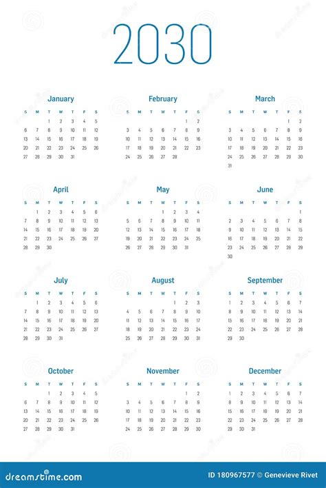 Calendário Anual Para 2030 Ilustração Stock Ilustração De Mensal