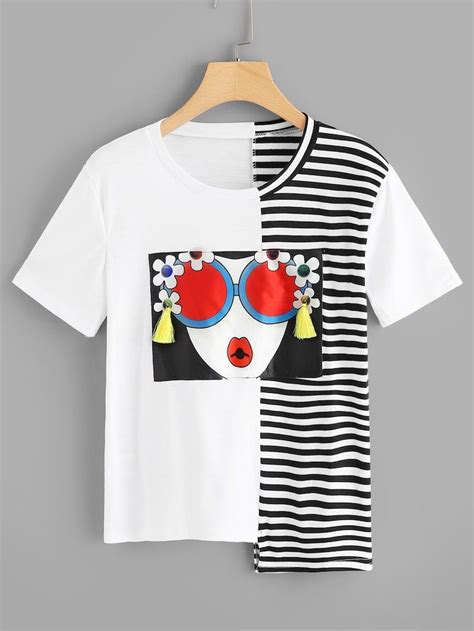 Striped Spliced Girl Print Asymmetric Tee T Shirt Painting Clothes