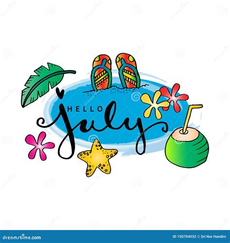 Hello July Hand Lettering Phrase Stock Vector Illustration Of
