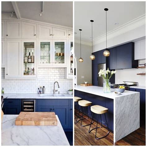 2 retro kitchen style with mint green cabinetry. Navy cabinets with gold fixtures. | Navy kitchen walls, Blue kitchen interior
