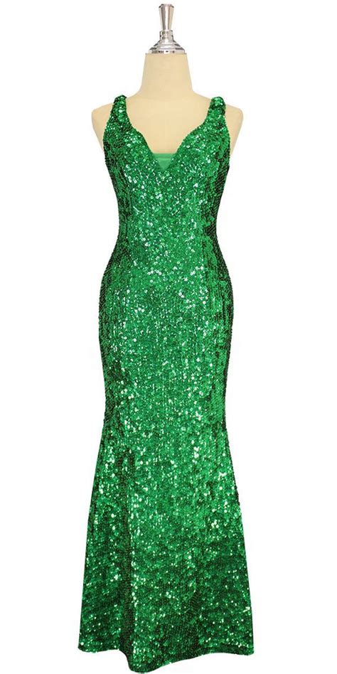Long Handmade Sequin Dress In 8mm Cupped Metallic Emerald Green Sequins