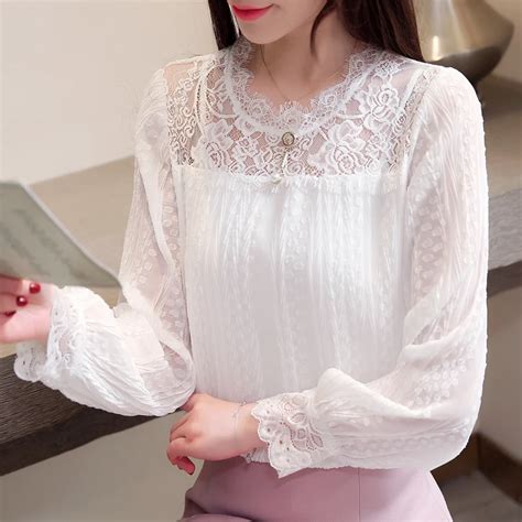 Womens Tops And Blouses Feminine Spring Autumn 2019 White Lace O Neck Long Sleeve Chiffon Blouse