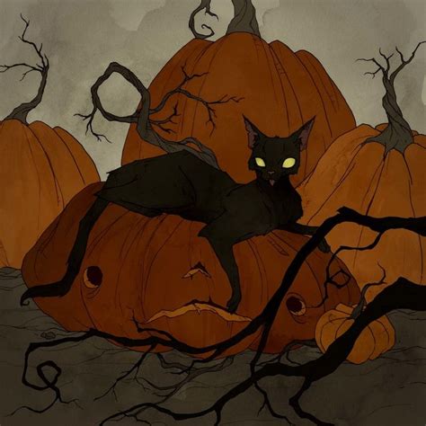A Black Cat Sitting On Top Of Pumpkins