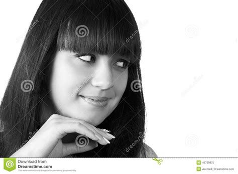 Thoughtful Smiling Girl With Long Black Hair Isolated Stock Image