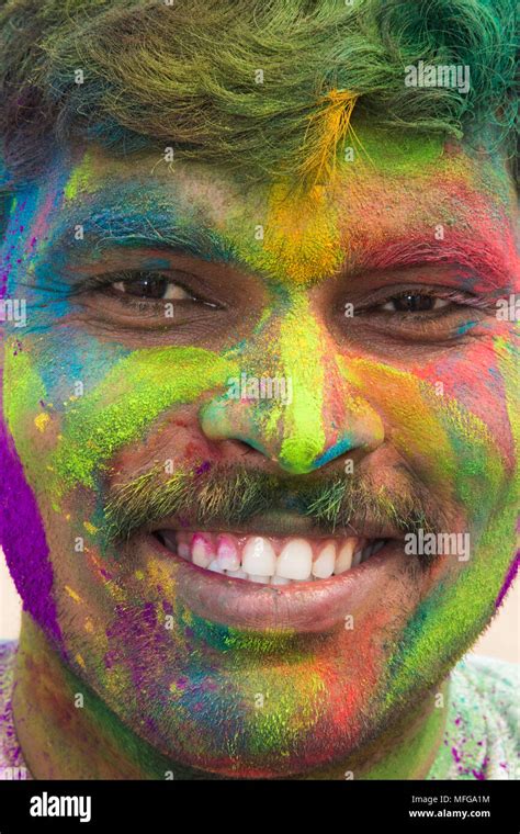 Man Smiling With Face Paint Holi Festival Mumbai India Stock Photo