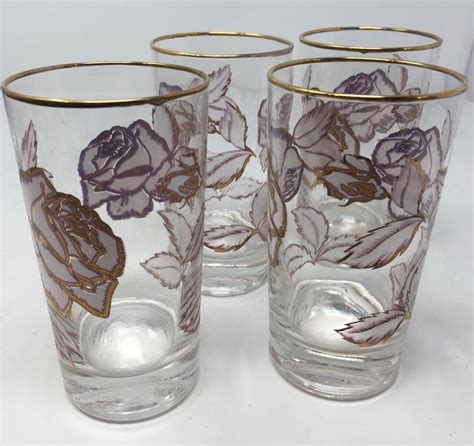 Vintage Set Of Four Libbey Rose Bouquet Cocktail Glasses Water Tumblers White And Gold Roses
