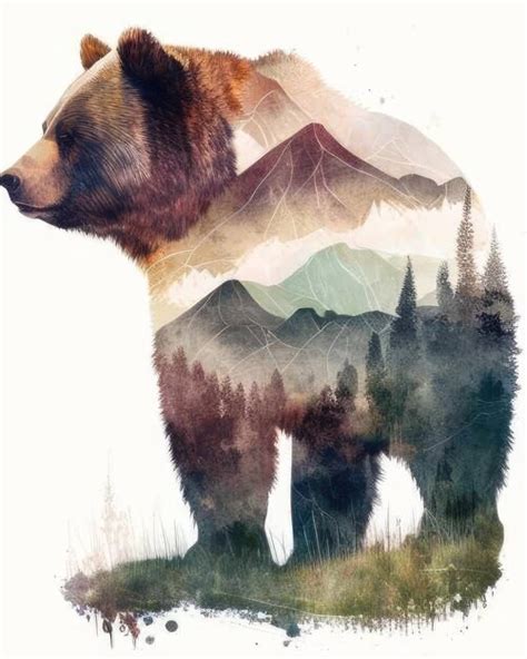 Premium Ai Image Bear Double Exposure Of A Bear And Nature Mountains