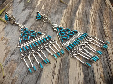 Vintage Zuni Earrings Needlepoint Turquoise Chandelier Earrings Native