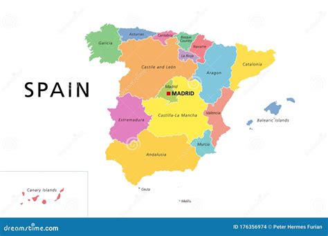 Spain Political Map With Colored Administrative Divisions Vector