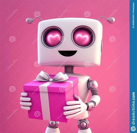 Cute Robot In Love Holding A Valentine Day S T Box Over Pink
