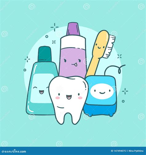 Cute Dental Care Illustration Tooth Toothbrush Toothpaste Mouth Rinse Floss Stock Vector
