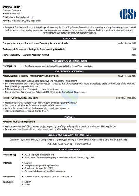Sample Resume Of Company Secretary Cs With Template And Writing Guide