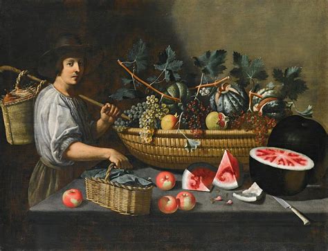 A Still Life Of Grapes Melons And Pomegranates On A Stone Ledge With A