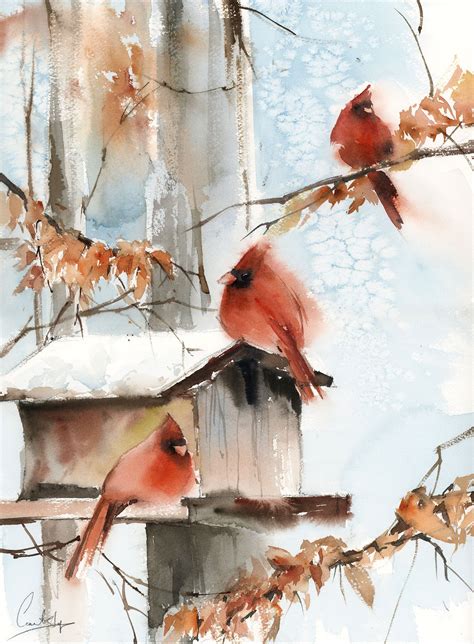 Winter Scene Northern Cardinals And Birds Feeder Original Watercolor