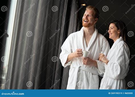 couple in bathrobes enjoying honeymoon in spa resort stock image image of married smooth