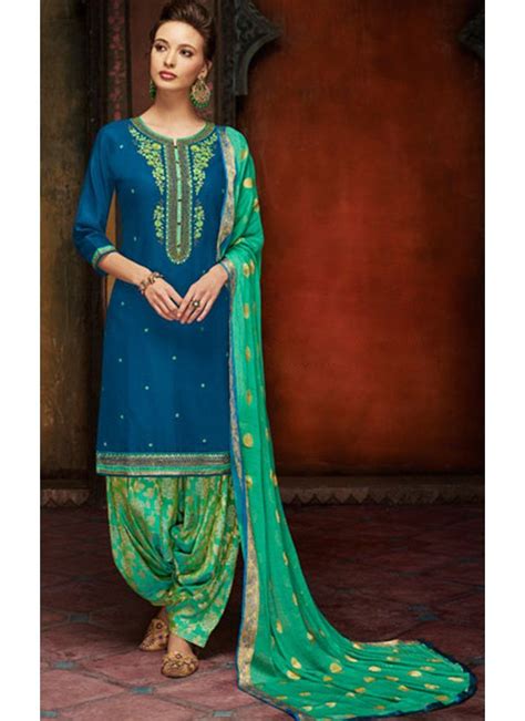 Blue And Turquoise Embroidered Silk Cotton Punjabi Suit With Images