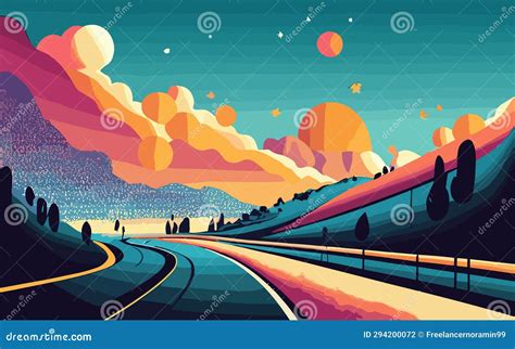 Illustration Of A Lonely Highway Road In The Mountains At Sunset