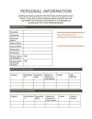 Personal Information Form Teaching Resources