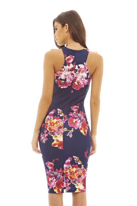 Ax Paris Womens Floral Printed Bodycon Navy Dress Online Exclusive