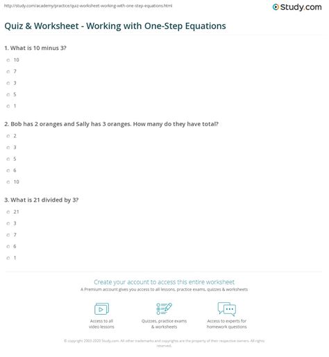 All of your worksheets are now here on mathwarehouse.com. Quiz & Worksheet - Working with One-Step Equations | Study.com