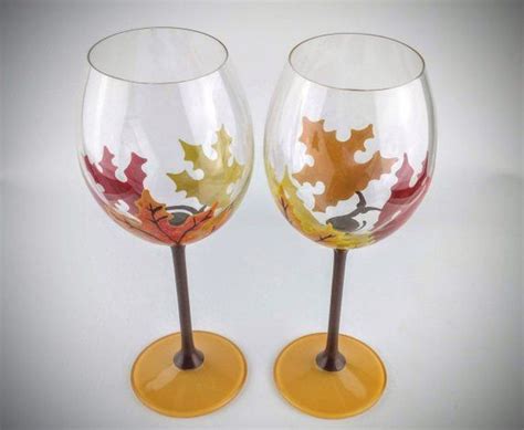 This Set Of Two Fall Maple Leaf Themed Wine Glasses Are Hand Painted