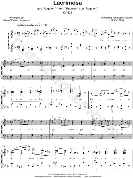 Wolfgang Amadeus Mozart Requiem K 626 Lacrimosa Sheet Music In D